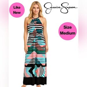 2/for $20 🪩 JESSICA SIMPSON Striped Halter Maxi Dress 💐 (Size Medium)